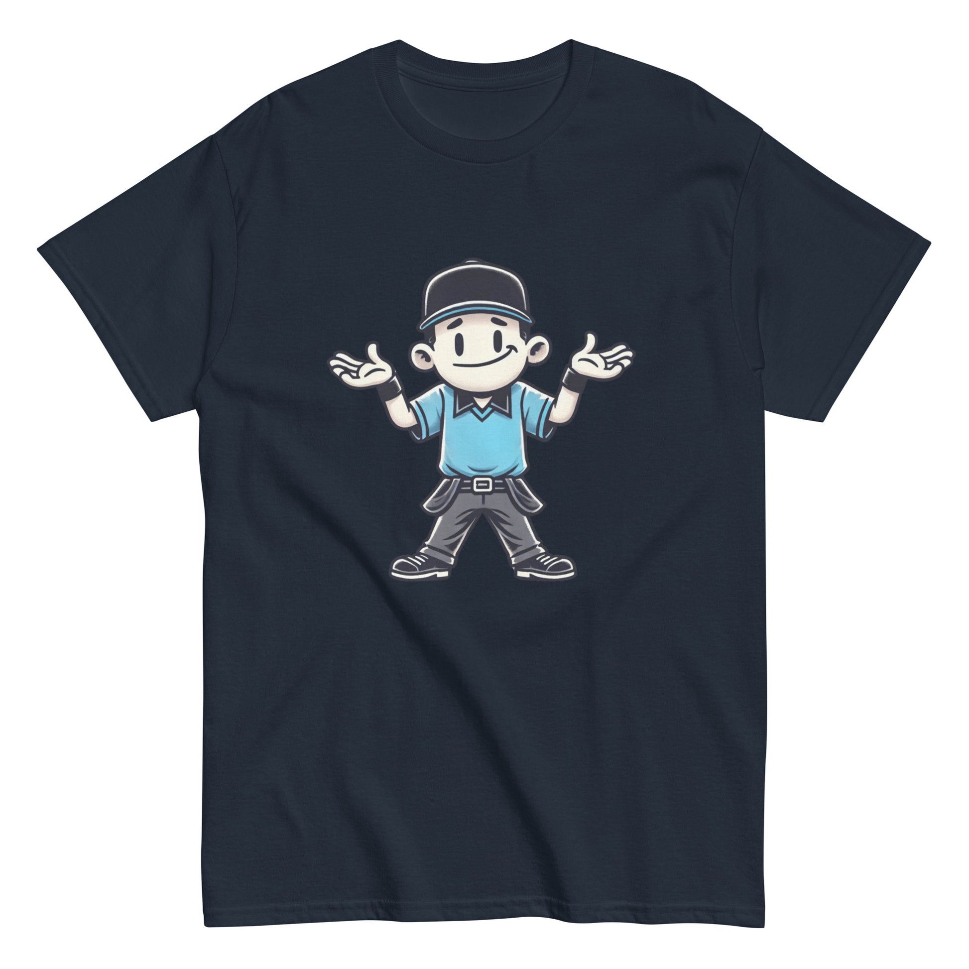 navy t-shirt with a graphic print of a shrugging umpire in a white and blue outfit.