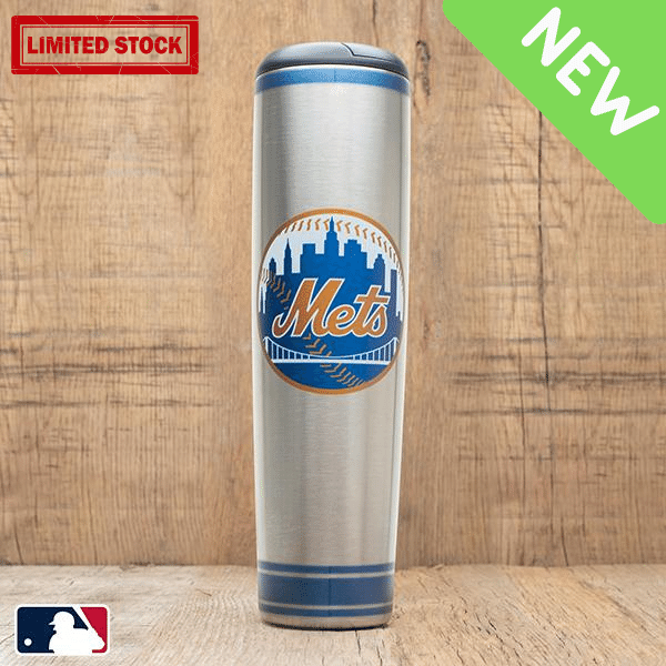 Metal tumbler with Mets logo on a wooden background