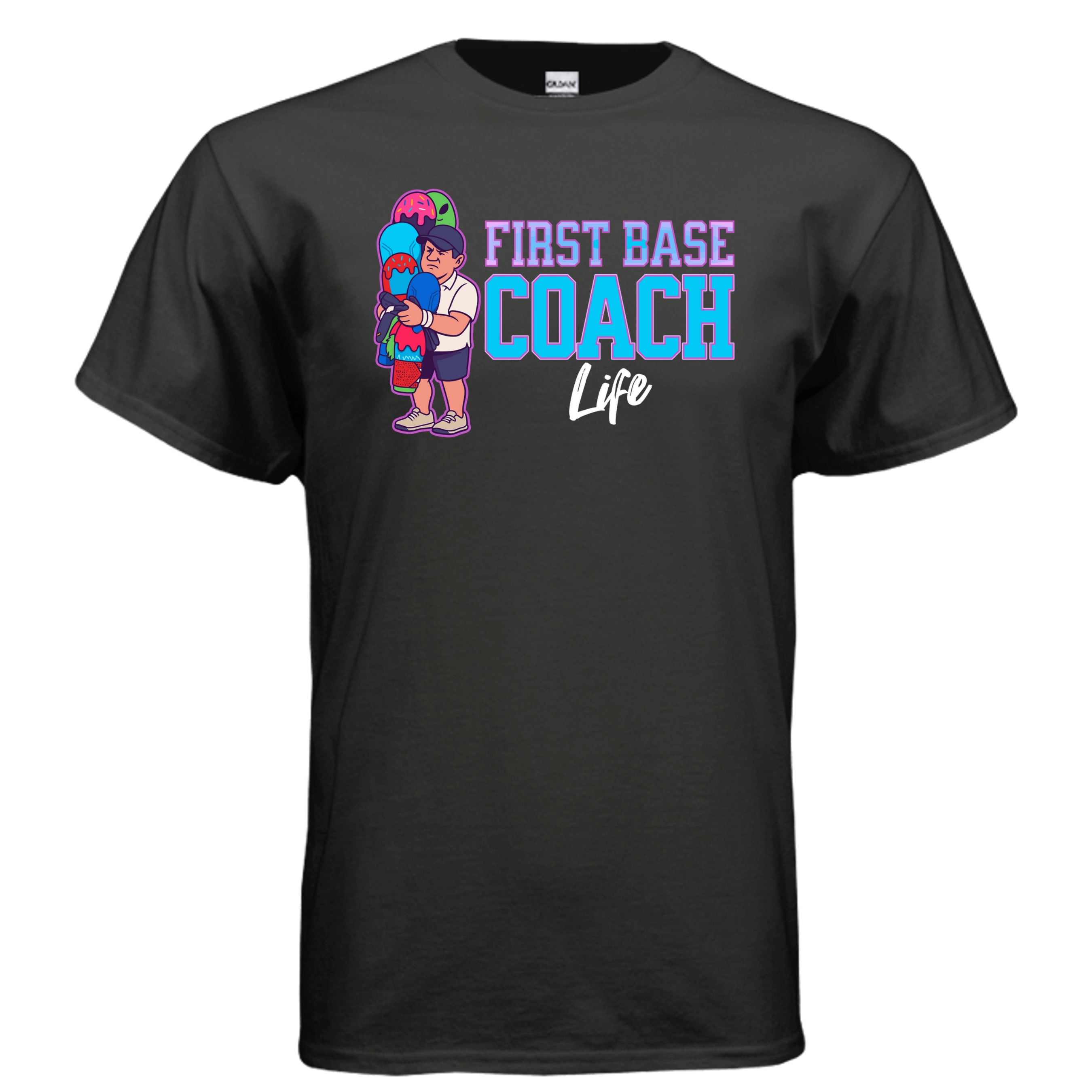 Collection of first base coach BLACK t shirt - G800 - FRONT in a gallery layout