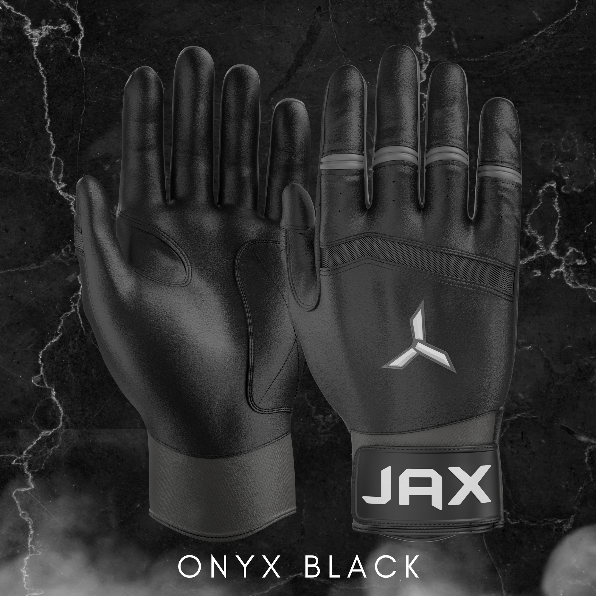 Collection of Black gloves with 'JAX' branding on a dark background in a gallery layout