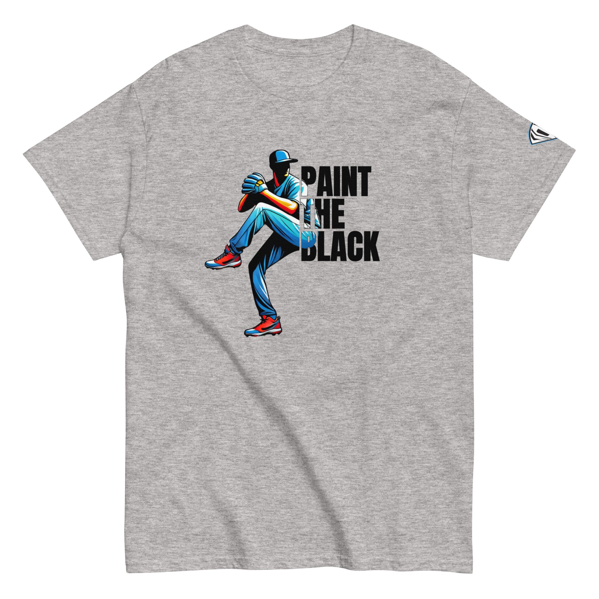 Collection of A gray t-shirt with a graphic print of a baseball player in mid-pitching action, accompanied by the text 'PAINT THE BLACK'. in a gallery layout