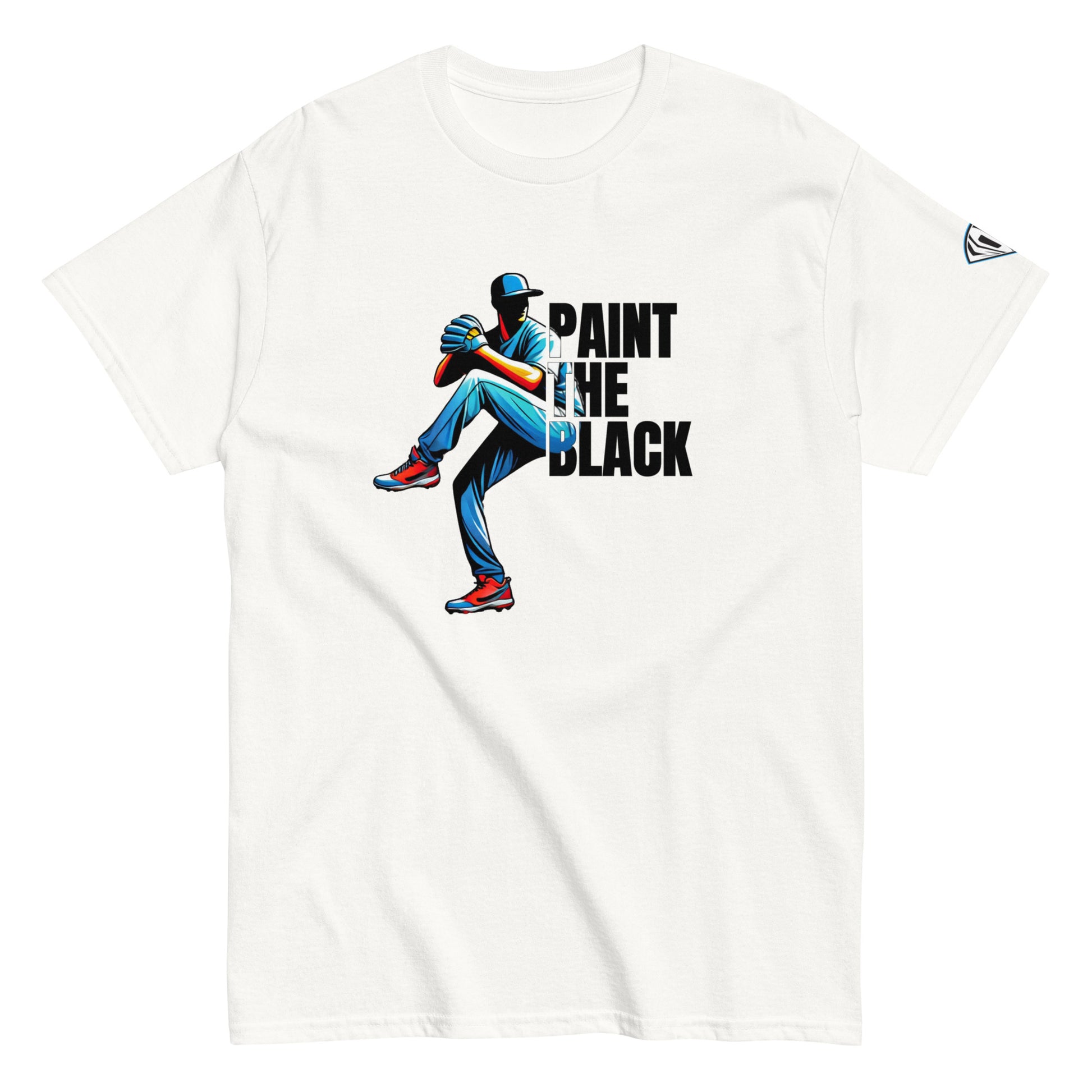 A white t-shirt with a graphic print of a baseball player in mid-pitching action, accompanied by the text 'PAINT THE BLACK'.