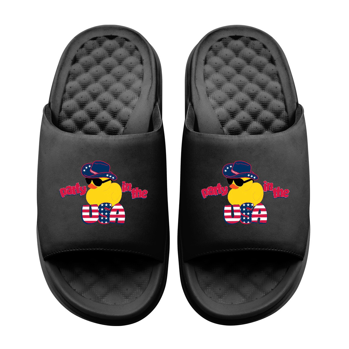 Collection of Black slides with a duck graphic and 'Party in the USA' text on a white background in a gallery layout