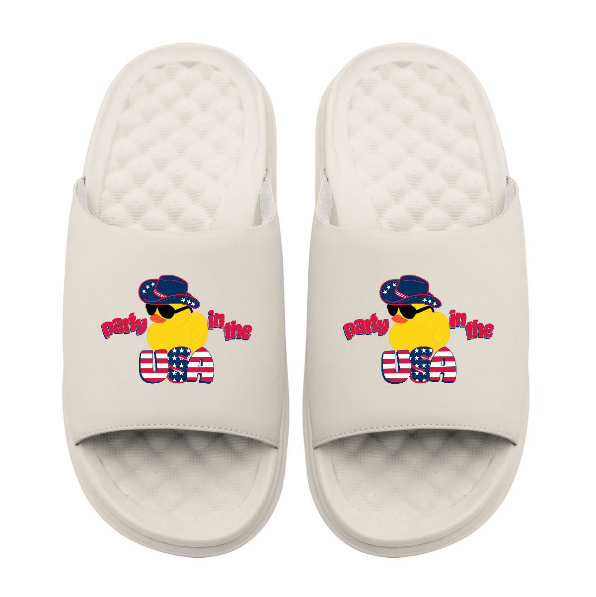 Collection of White slides with a duck graphic and 'Party in the USA' text on a white background in a gallery layout