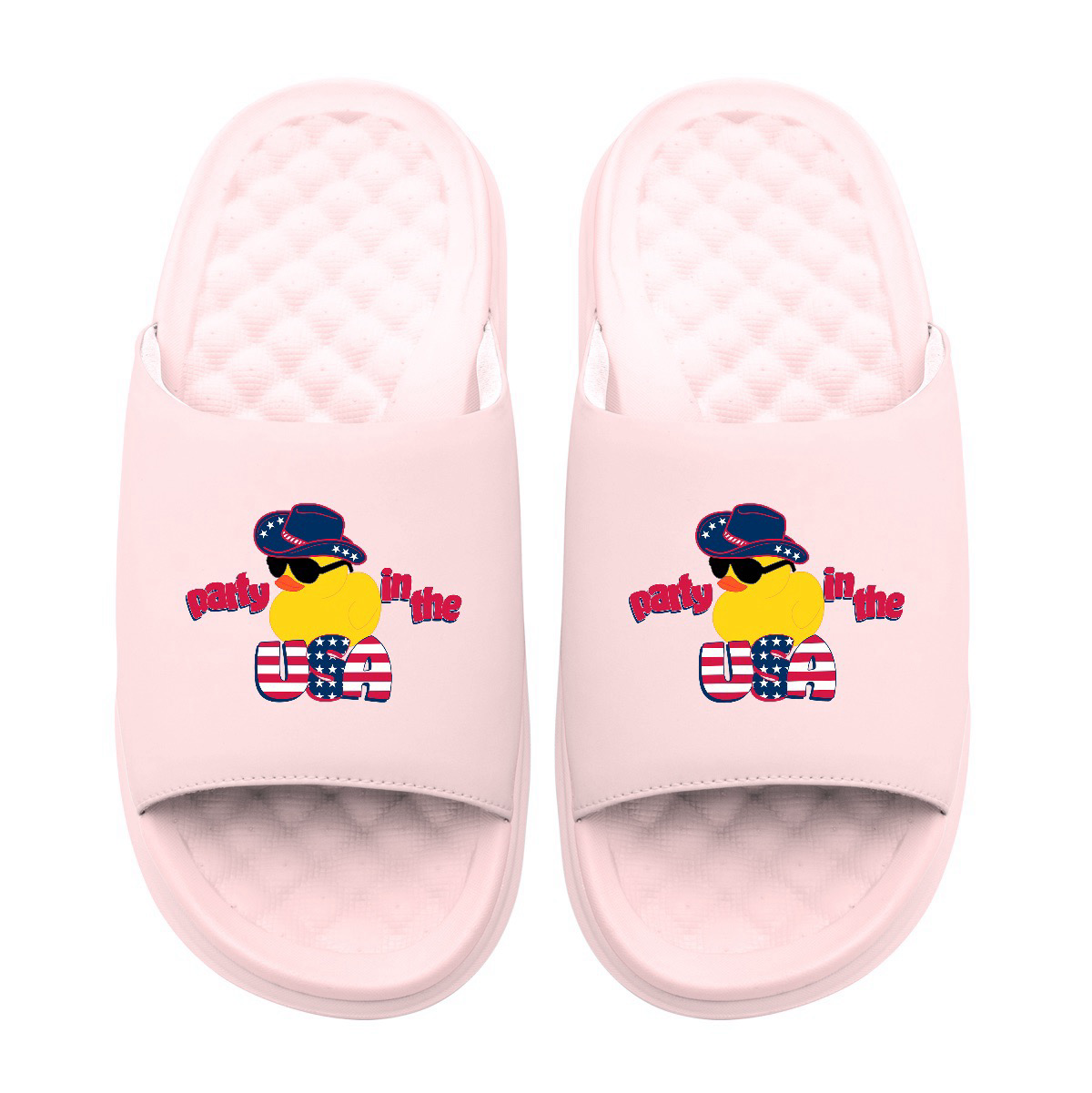 Collection of Pink slides with a duck graphic and party in the USA text on a white background in a gallery layout