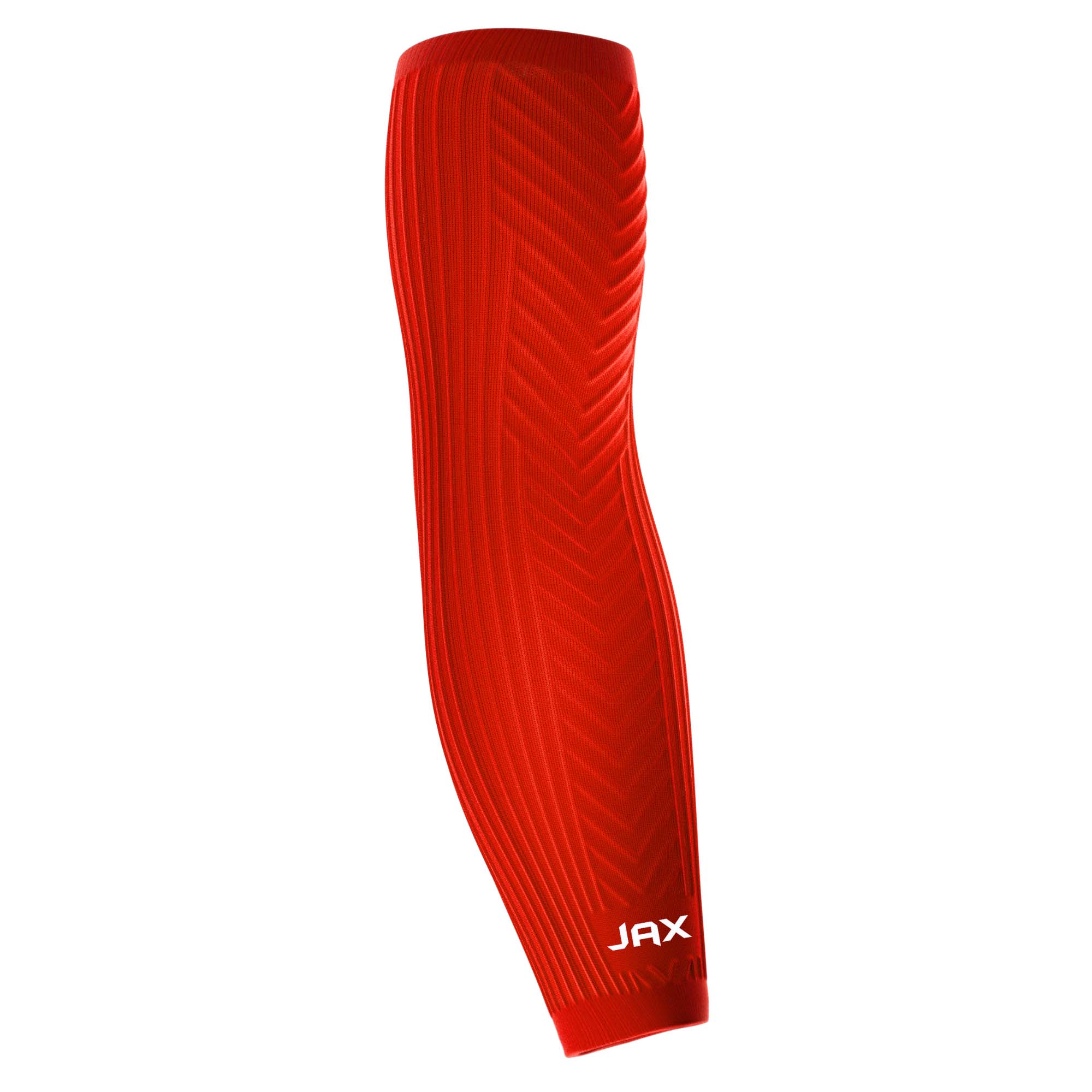Collection of Red compression sleeve with 'JAX' branding on a white background in a gallery layout