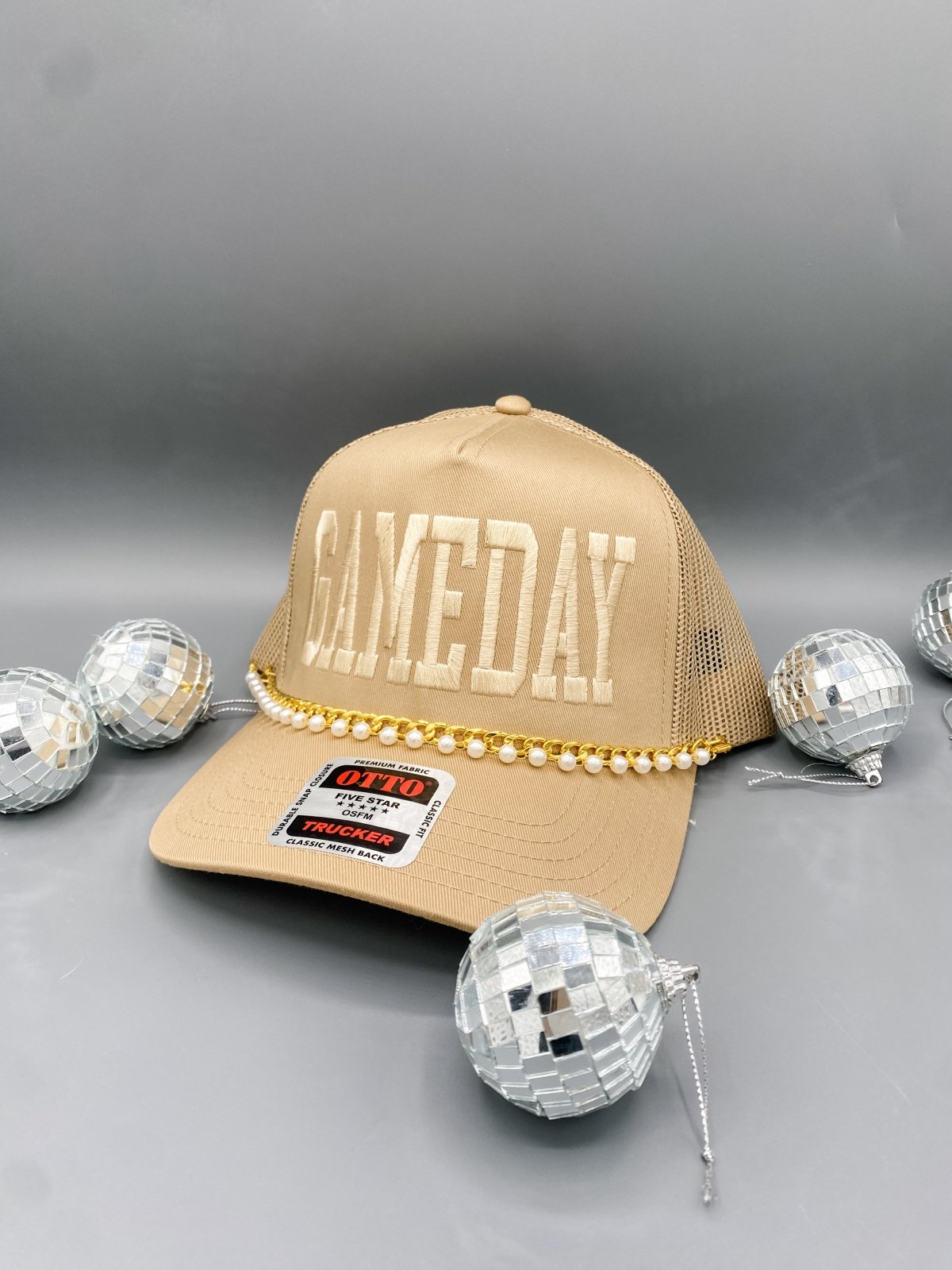 Collection of Gameday Trucker Hat | Tan Pearl Chain Hat for Game Day in a gallery layout