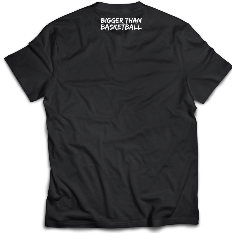 Collection of Black t-shirt with 'Bigger Than Basketball' text on the back against a white background in a gallery layout