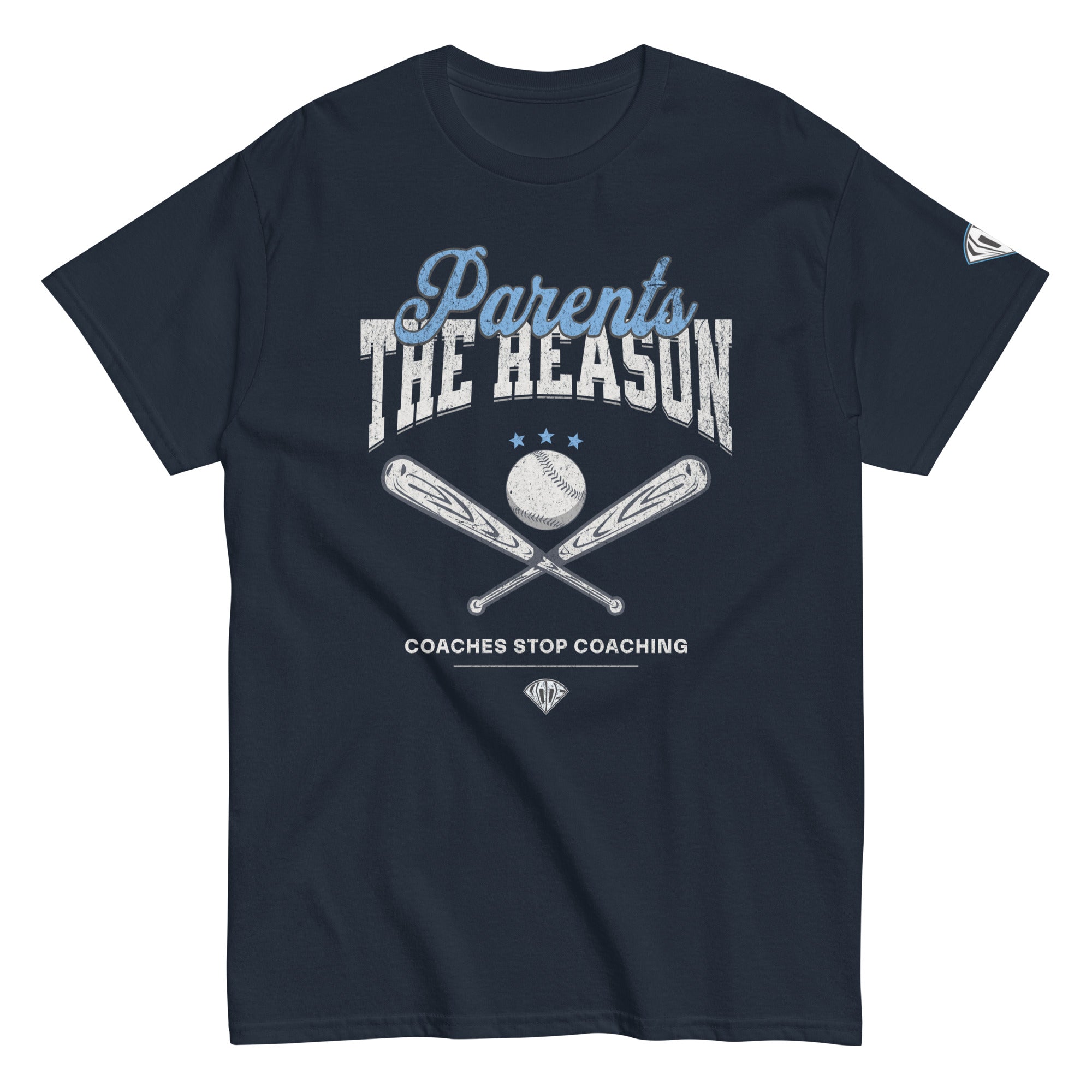 Collection of A navy-colored t-shirt with the text 'Parents: The Reason Coaches Stop Coaching' printed in white and gray, featuring a graphic of a baseball and baseball bats. in a gallery layout