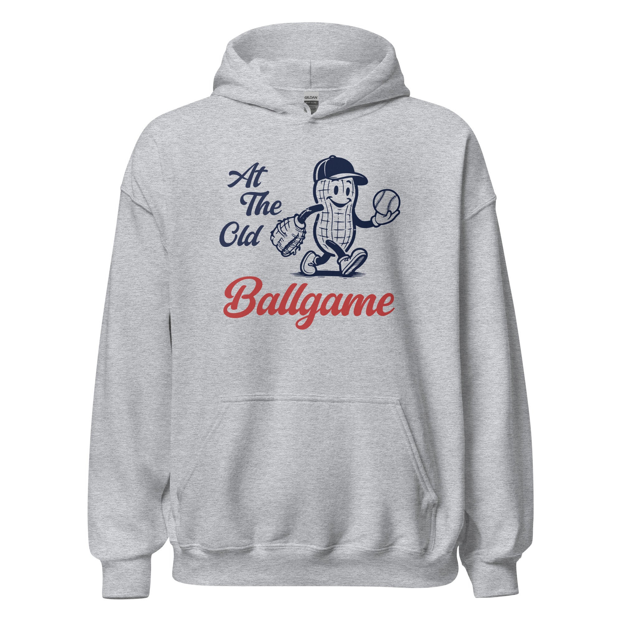 Collection of A gray hoodie with a graphic of a peanut character and the text 'At The Old Ballgame' printed on the front. in a gallery layout
