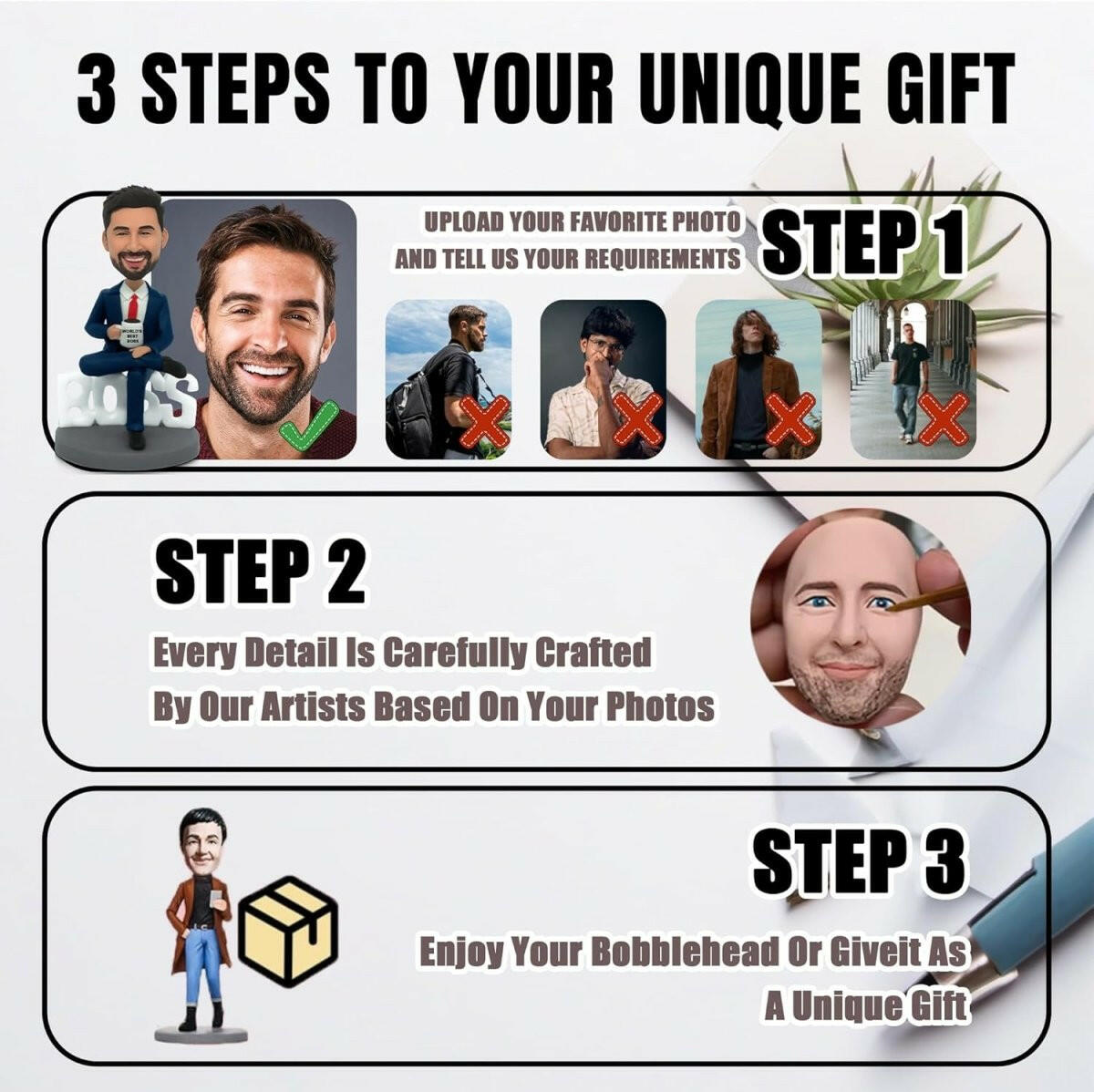 Collection of Steps to create a unique gift with a bobblehead figure, including photo upload and customization. in a gallery layout