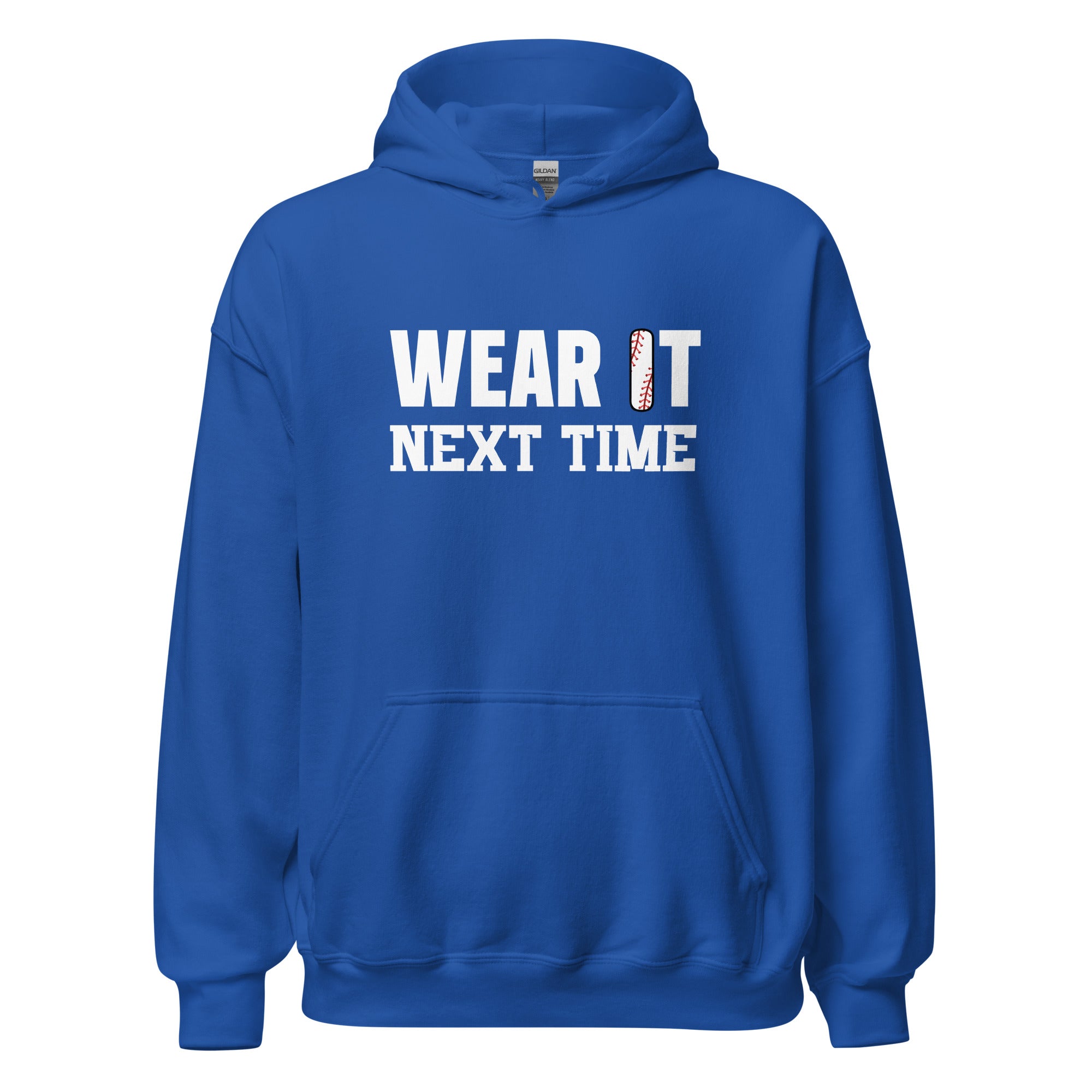 Collection of blue hoodie with the text 'WEAR IT NEXT TIME' in white letters on the front in a gallery layout