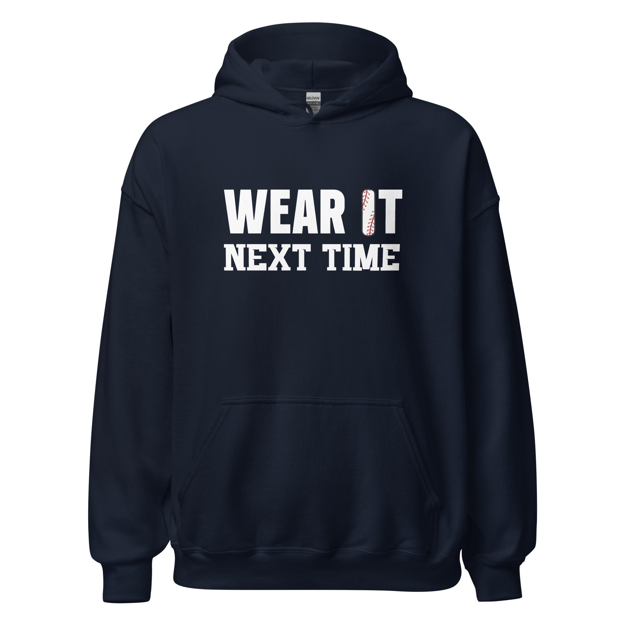 Collection of navy hoodie with the text 'WEAR IT NEXT TIME' in white letters on the front in a gallery layout