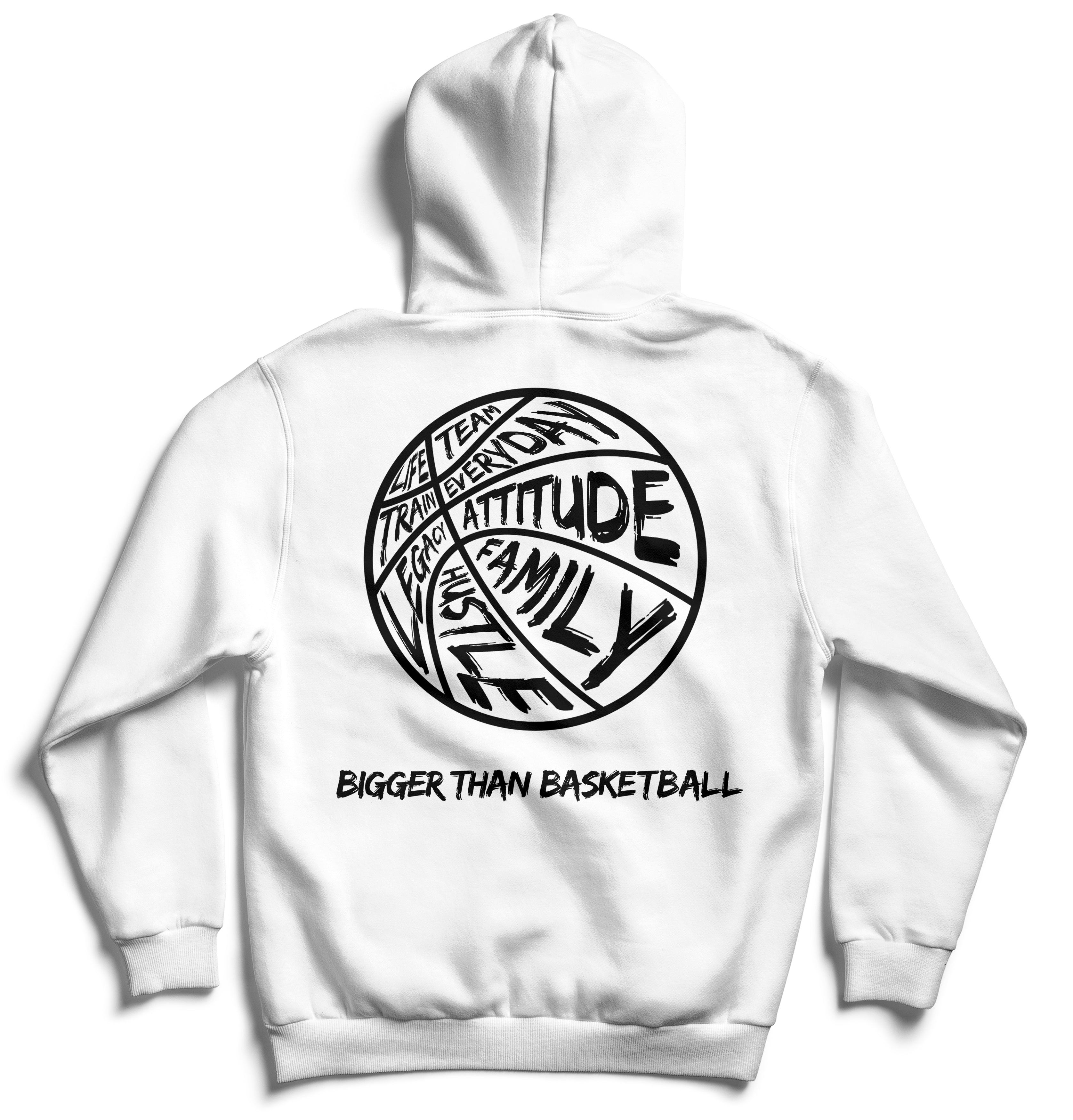 Collection of White hoodie with black text design on the back against a white background in a gallery layout