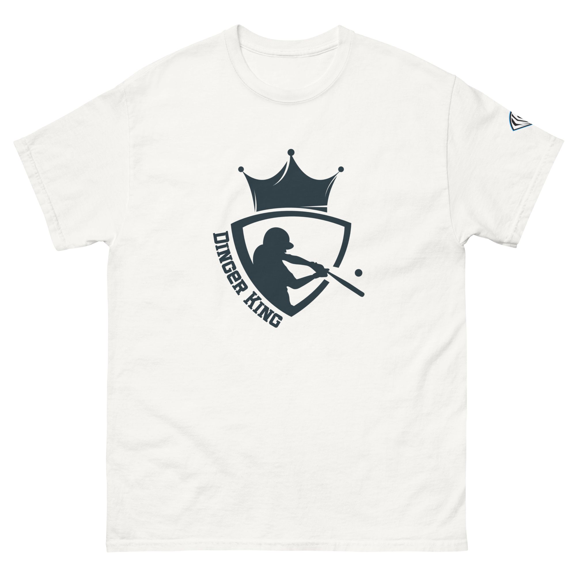 Collection of A white t-shirt with a graphic design of a baseball player silhouette wearing a crown, and the text 'DINGER KING'. in a gallery layout