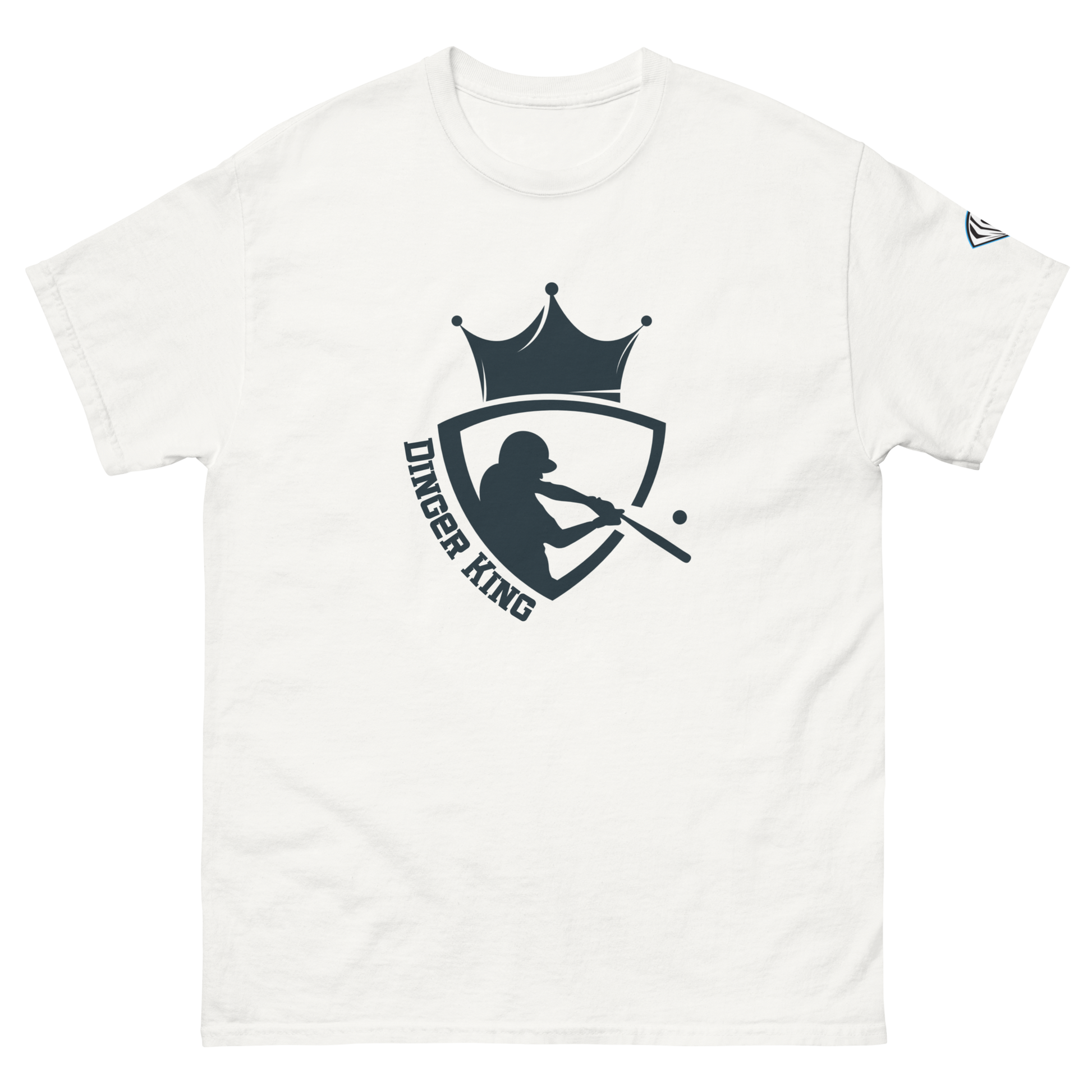 A white t-shirt with a graphic design of a baseball player silhouette wearing a crown, and the text 'DINGER KING'.