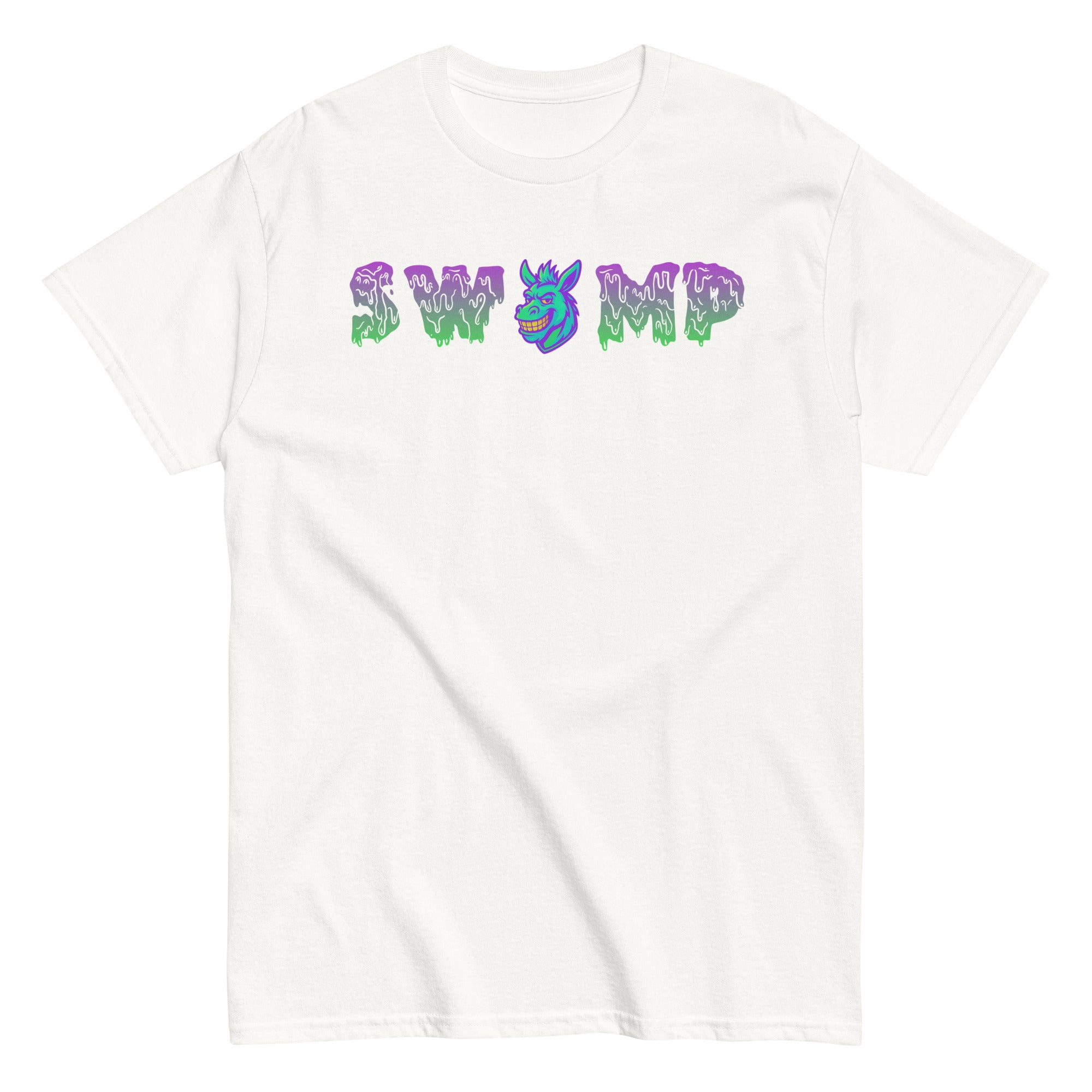 Collection of white swamp donkey baseball t shirt in a gallery layout