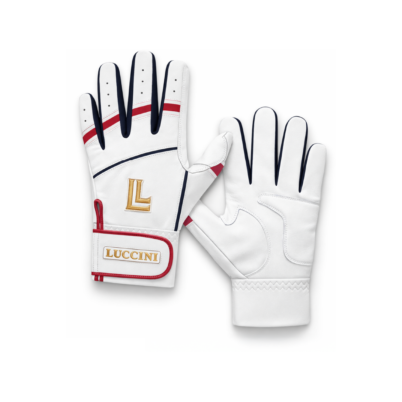 Collection of White batting glove with red and black accents on a white background, featuring the Lucchini brand. in a gallery layout